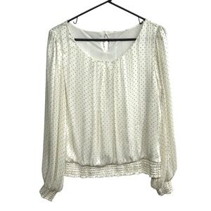 Romantic Sheer Smocked Polka Dot Blouse Womens M Cream Chiffon Cottage